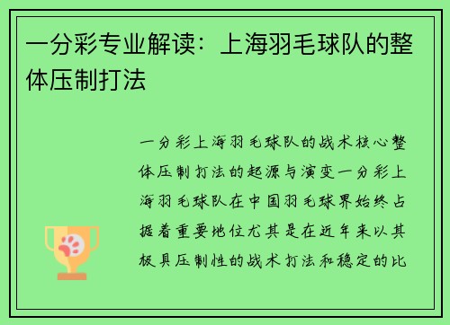 一分彩专业解读：上海羽毛球队的整体压制打法