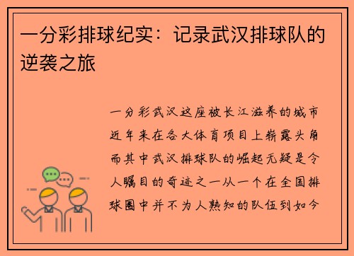 一分彩排球纪实：记录武汉排球队的逆袭之旅